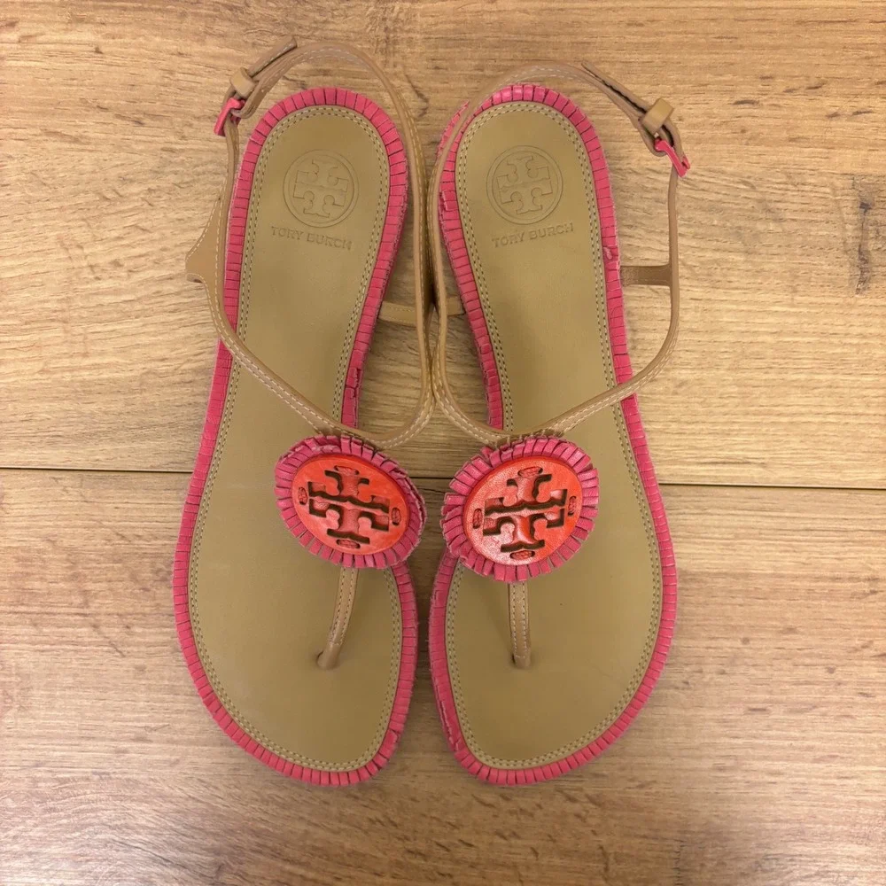 TORY BURCH Miller Fringe Thong Flat Sandals Dusty Cypress/Hibiscus Women Size 7